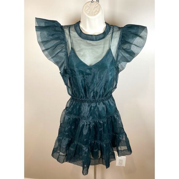 Jonathan Simkhai Monique Ruffle Sheer Organza Tulle Tiered Green Mini Dress Sz 2 - Picture 4 of 10